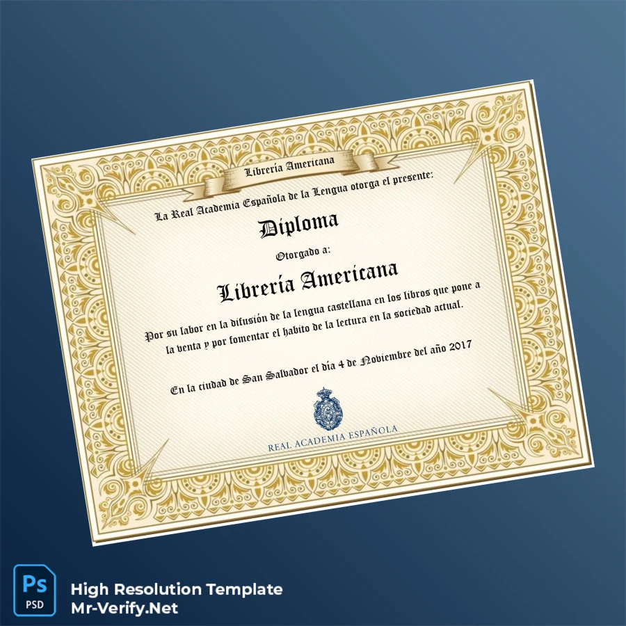 El Salvador Real Academia Española Diploma Template – Fully Editable & Print-Ready El Salvador Real Academia Española Diploma Template – Fully Editable & Print-Ready