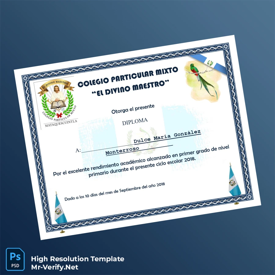 Guatemala Colegio Particular Mixto _El Divino Maestro_ Diploma – Fully Editable & High Resolution 2 Page Guatemala Colegio Particular Mixto _El Divino Maestro_ Diploma – Fully Editable & High Resolution 2 Page