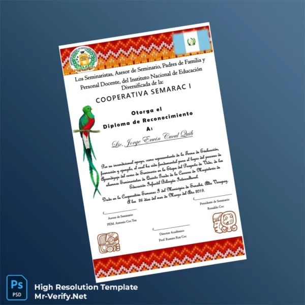 Guatemala Cooperativa Semarac I Diploma of Recognition Template – Fully Editable & Print-Ready Guatemala Cooperativa Semarac I Diploma of Recognition Template – Fully Editable & Print-Ready