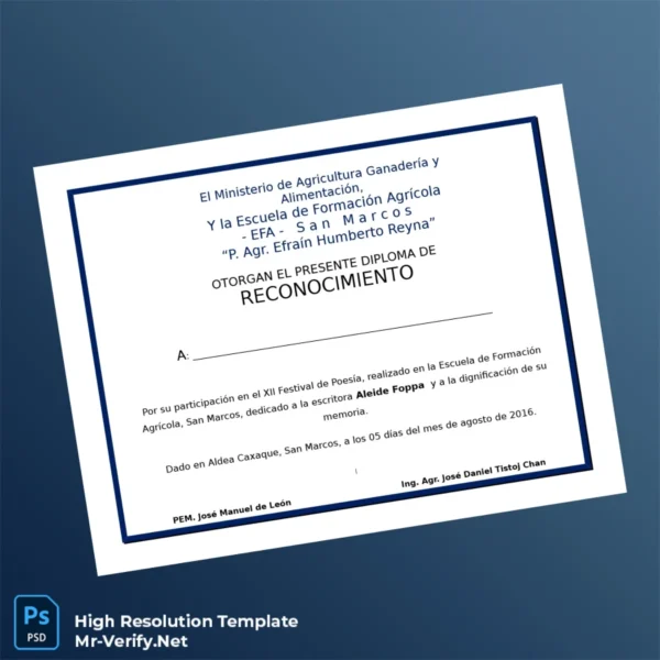 Guatemala Escuela de Formación Agrícola Recognition Diploma Template – Fully Editable High Resolution 2 Page