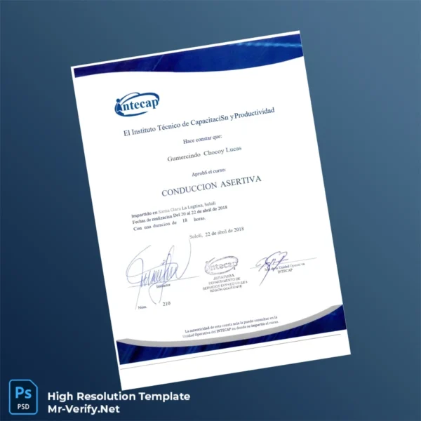 Guatemala INTECAP Course Completion Certificate in Assertive Driving – Fully Editable & Print-Ready