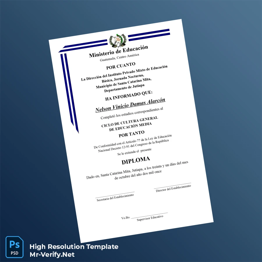 Guatemala Instituto Privado Mixto de Educación Básica High School Diploma Template – Fully Editable & High Resolution Guatemala Instituto Privado Mixto de Educación Básica High School Diploma Template – Fully Editable & High Resolution