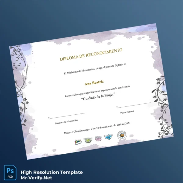 Guatemala Ministerio de Misioneritas Recognition Diploma Template – Fully Editable & Print-Ready