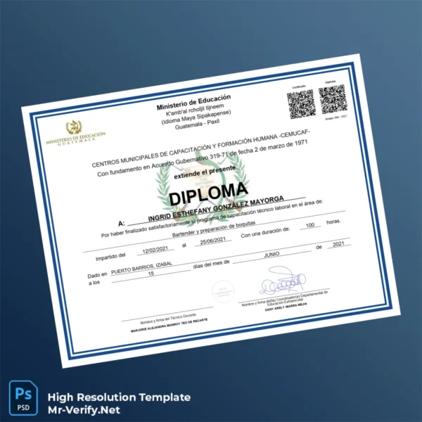Guatemala Ministry of Education Bartender Training Diploma Template – Fully Editable & Print-Ready Guatemala Ministry of Education Bartender Training Diploma Template – Fully Editable & Print-Ready