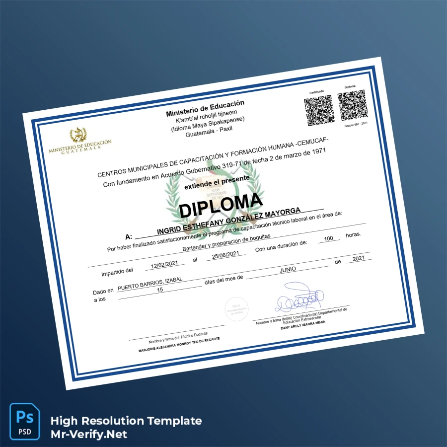 Guatemala Ministry of Education Bartender Training Diploma Template – Fully Editable & Print-Ready Guatemala Ministry of Education Bartender Training Diploma Template – Fully Editable & Print-Ready