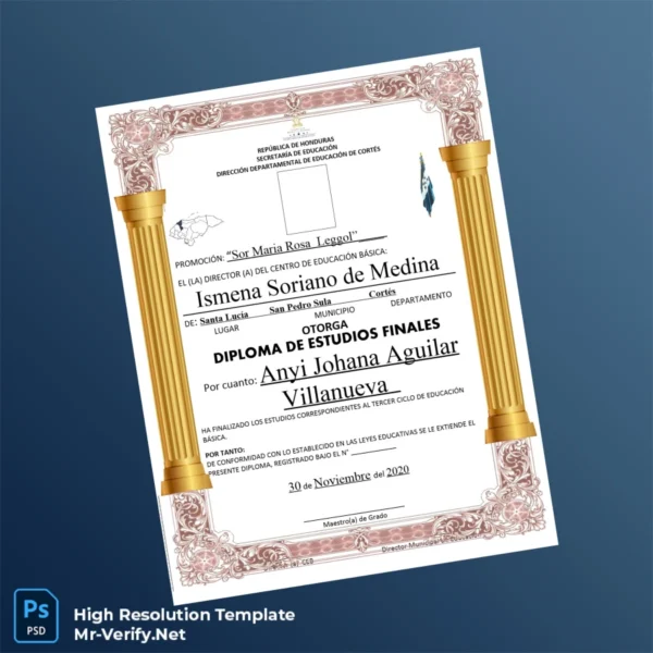 Honduras Centro de Educación Básica Sor Maria Rosa Leggol Diploma of Final Studies – Fully Editable High Resolution Honduras Centro de Educación Básica Sor Maria Rosa Leggol Diploma of Final Studies – Fully Editable High Resolution