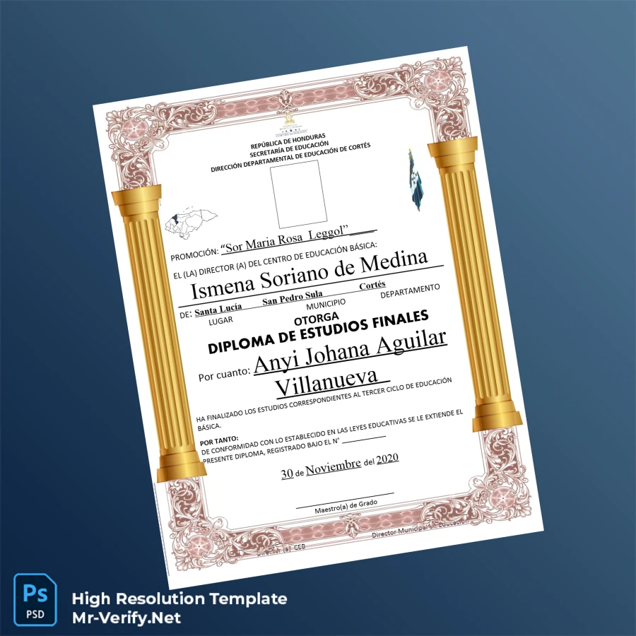 Honduras Centro de Educación Básica Sor Maria Rosa Leggol Diploma of Final Studies – Fully Editable High Resolution Honduras Centro de Educación Básica Sor Maria Rosa Leggol Diploma of Final Studies – Fully Editable High Resolution