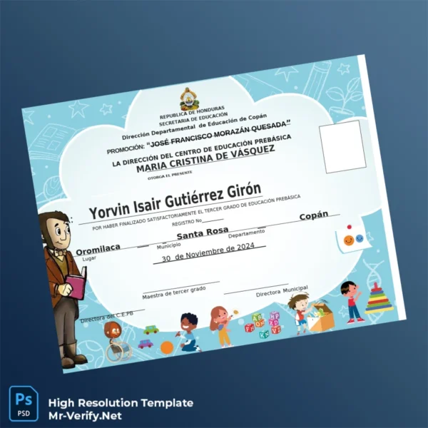 Honduras Centro de Educación Prebásica María Cristina de Vásquez Prebásica Diploma – Fully Editable High Resolution