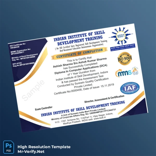 India Indian Institute of Skill Development Diploma in Computer Applications – Fully Editable & High Resolution India Indian Institute of Skill Development Diploma in Computer Applications – Fully Editable & High Resolution