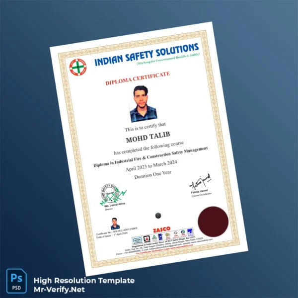 India Indian Safety Solutions Diploma in Industrial Fire & Construction Safety Management Template – Fully Editable & Print-Ready 6 Page India Indian Safety Solutions Diploma in Industrial Fire & Construction Safety Management Template – Fully Editable & Print-Ready 6 Page