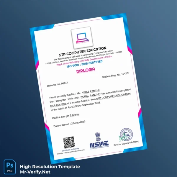 India STP Computer Education DCA Diploma Template – Fully Editable & Print-Ready India STP Computer Education DCA Diploma Template – Fully Editable & Print-Ready