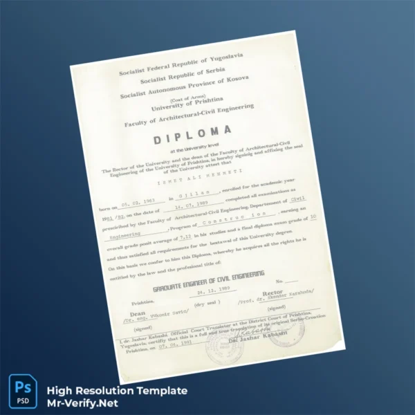 Kosovo University of Prishtina Graduate Engineer of Civil Engineering Diploma – Fully Editable, High Resolution Kosovo University of Prishtina Graduate Engineer of Civil Engineering Diploma – Fully Editable, High Resolution