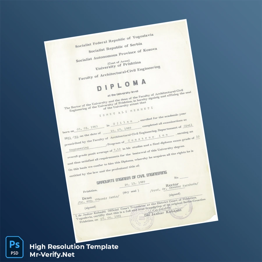 Kosovo University of Prishtina Graduate Engineer of Civil Engineering Template – Fully Editable & Print-Ready Kosovo University of Prishtina Graduate Engineer of Civil Engineering Template – Fully Editable & Print-Ready