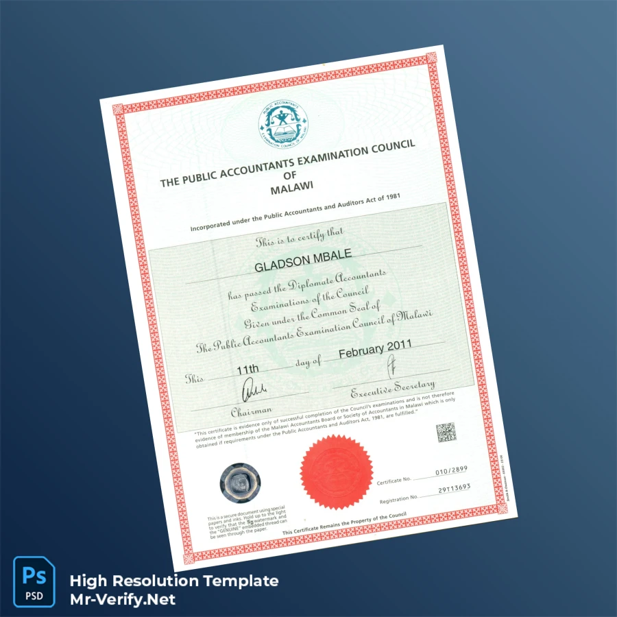 Malawi Public Accountants Examination Council Diploma Certificate – Fully Editable Print-Ready Malawi Public Accountants Examination Council Diploma Certificate – Fully Editable Print-Ready
