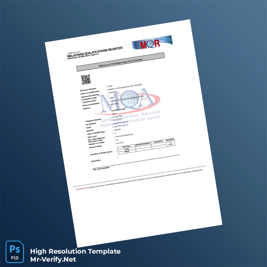 Malaysia Universiti Tun Hussein Onn Diploma in Civil Engineering – Fully Editable High-Res Template Malaysia Universiti Tun Hussein Onn Diploma in Civil Engineering – Fully Editable High-Res Template