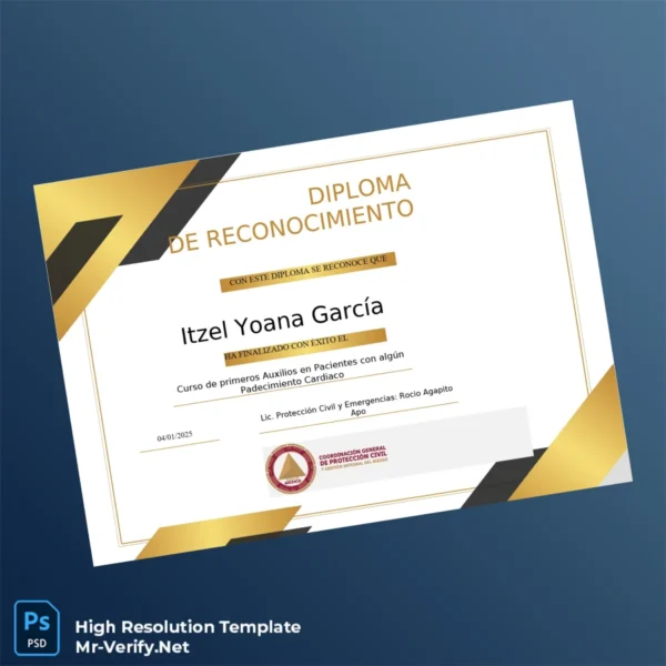 Mexico General Civil Protection Diploma in First Aid Cardiac Patients Template – Fully Editable Mexico General Civil Protection Diploma in First Aid Cardiac Patients Template – Fully Editable