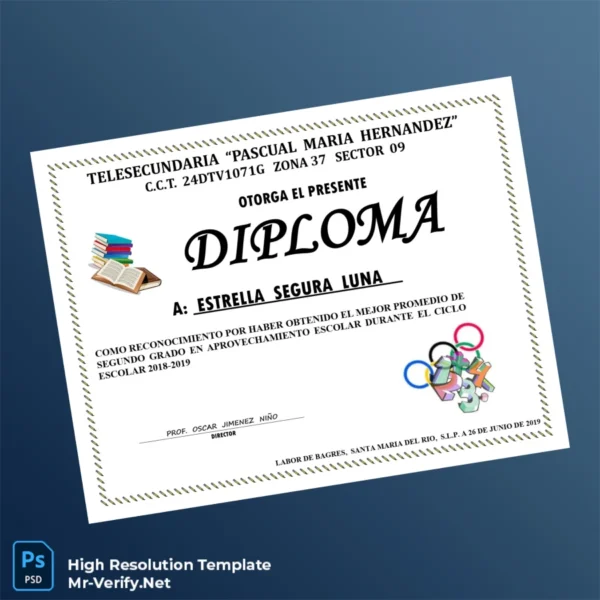 Mexico Telesecundaria Pascual María Hernández Diploma Certificate – Fully Editable High Resolution