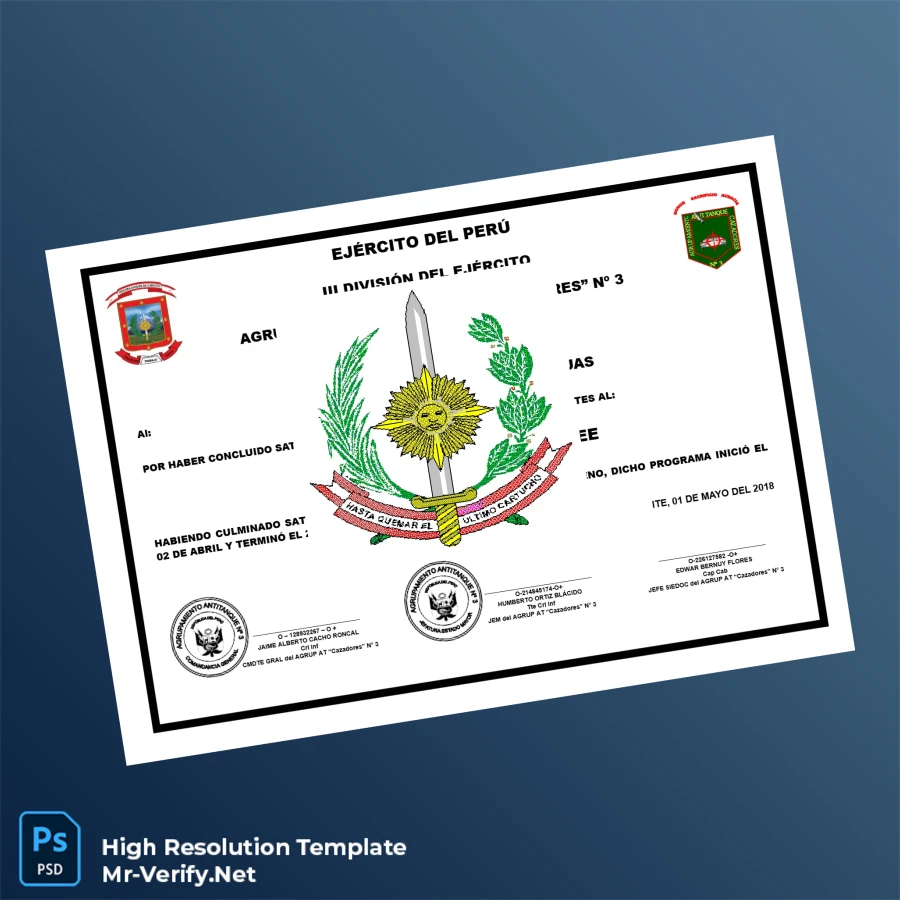 Peru Army Infantry Command Course Diploma Certificate – Fully Editable & Print-Ready Peru Army Infantry Command Course Diploma Certificate – Fully Editable & Print-Ready