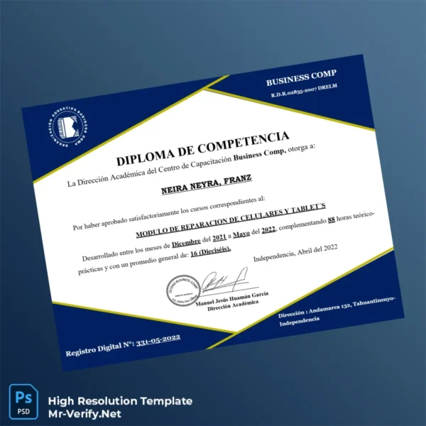 Peru Business Comp Diploma of Competence in Cell and Tablet Repair Module – Fully Editable High Resolution Peru Business Comp Diploma of Competence in Cell and Tablet Repair Module – Fully Editable High Resolution