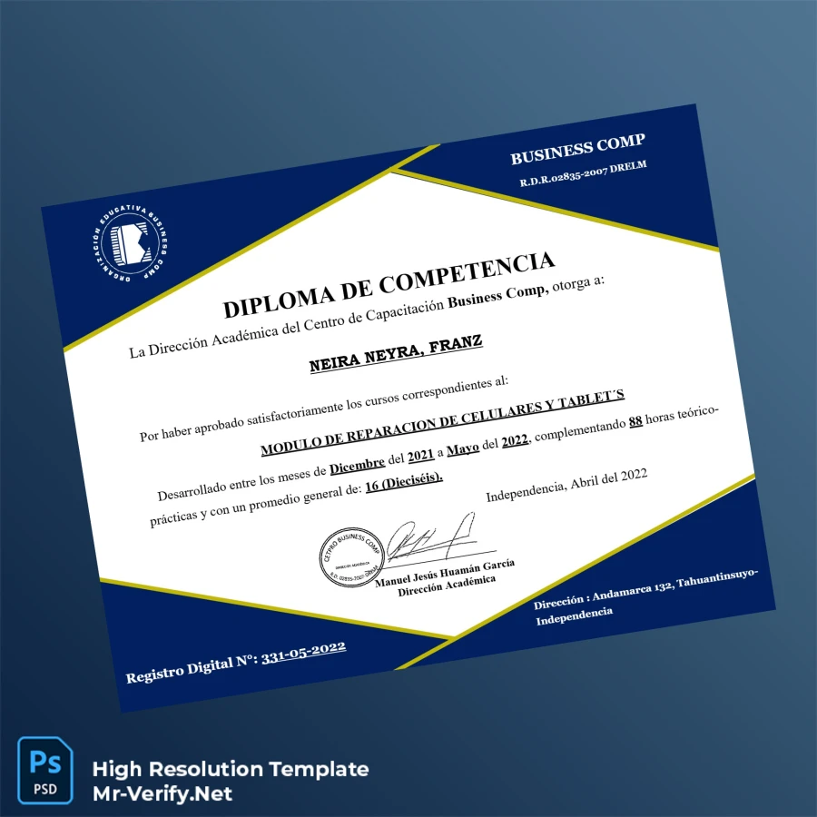 Peru Business Comp Diploma of Competence in Cell and Tablet Repair Module – Fully Editable High Resolution Peru Business Comp Diploma of Competence in Cell and Tablet Repair Module – Fully Editable High Resolution