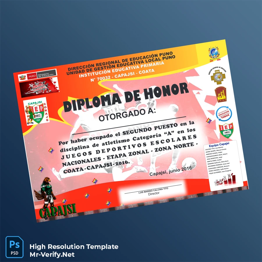 Peru Capajsi Coata Honor Diploma – Fully Editable High Resolution Certificate Peru Capajsi Coata Honor Diploma – Fully Editable High Resolution Certificate