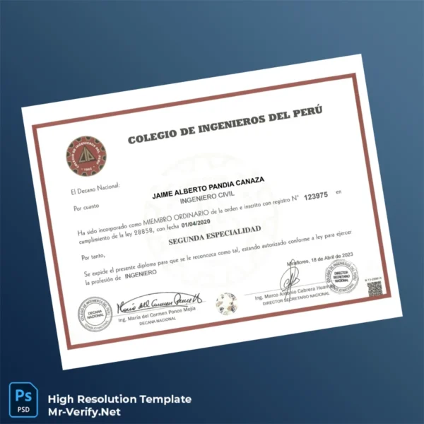 Peru Colegio de Ingenieros del Perú Engineer Diploma Certificate – Fully Editable High Resolution Peru Colegio de Ingenieros del Perú Engineer Diploma Certificate – Fully Editable High Resolution