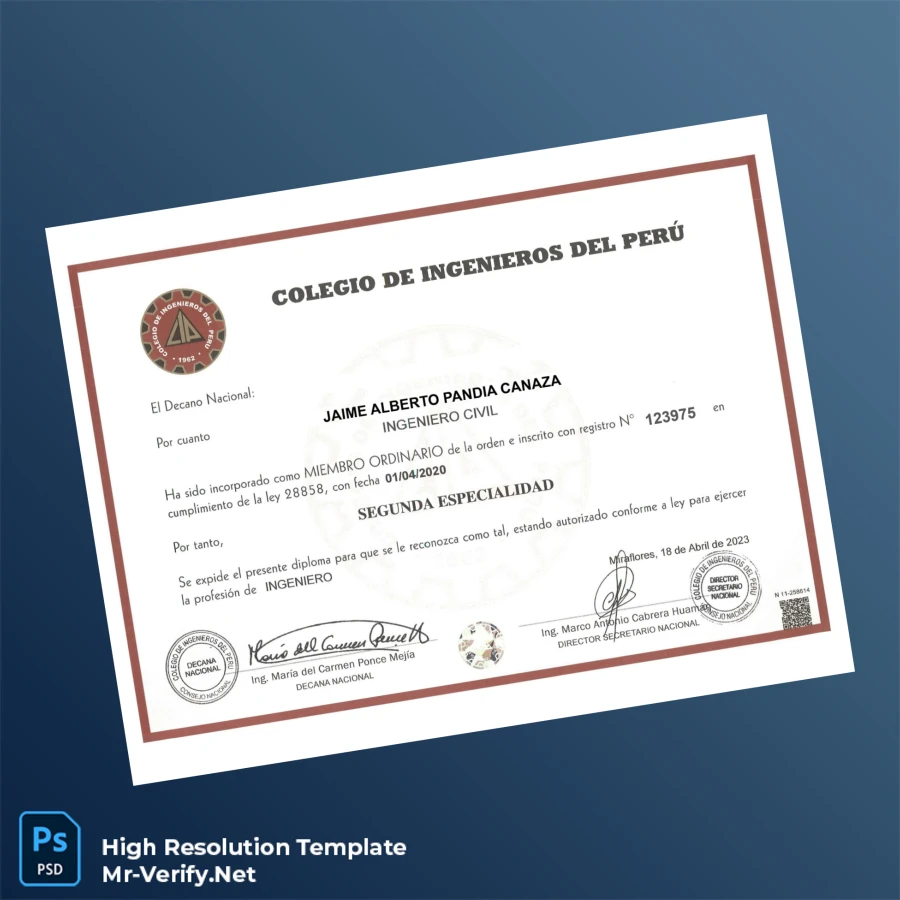 Peru Colegio de Ingenieros del Perú Engineer Diploma Certificate – Fully Editable High Resolution Peru Colegio de Ingenieros del Perú Engineer Diploma Certificate – Fully Editable High Resolution
