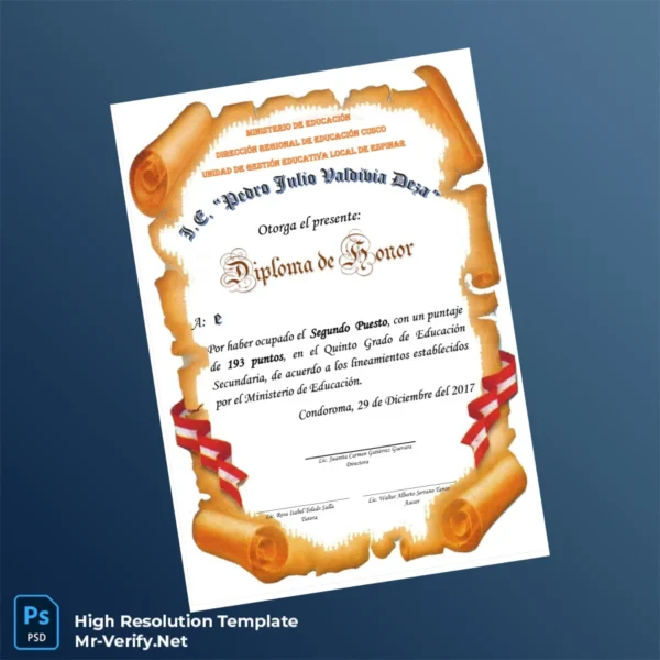 Printable Peru I.E. Pedro Julio Valdivia Díaz Honor Diploma Template Image Preview - PrintDocs