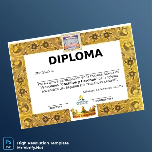Peru Iglesia Adventista del Séptimo Día _Callancas Central_ Diploma for Vacation Bible School Participation Certificate – Fully Editable High Resolution