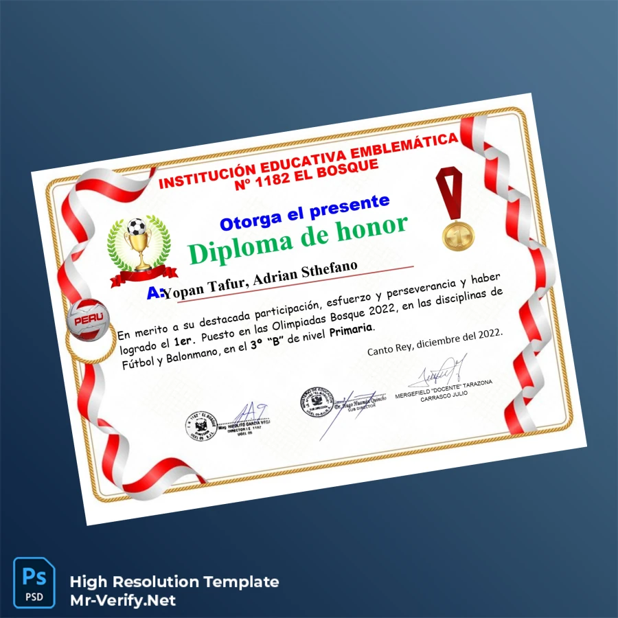 Peru Institución Educativa Emblemática No 1182 El Bosque Diploma of Honor Template – Fully Editable & Print-Ready Peru Institución Educativa Emblemática No 1182 El Bosque Diploma of Honor Template – Fully Editable & Print-Ready