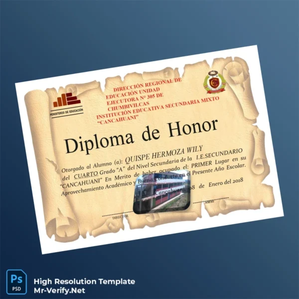 Peru Institution Educativa Secundaria Mixto _Canchauani_ Honor Diploma – Fully Editable High Resolution Peru Institution Educativa Secundaria Mixto _Canchauani_ Honor Diploma – Fully Editable High Resolution