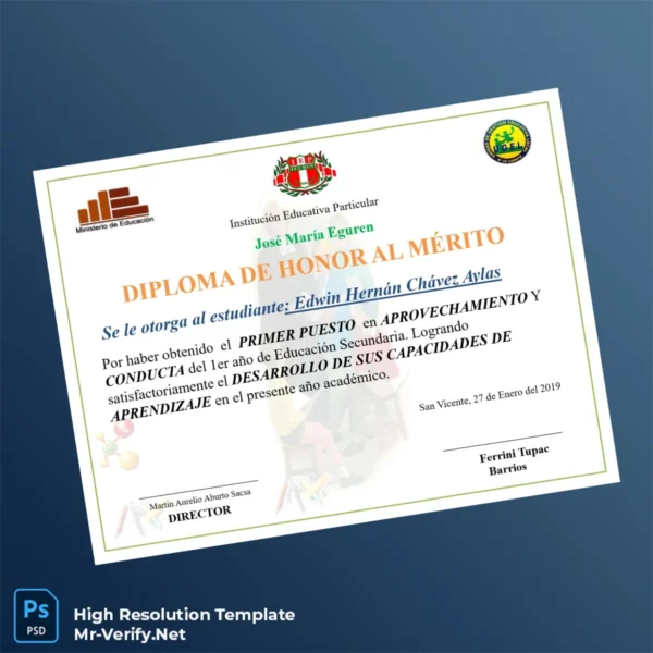 Printable Peru José María Eguren Honor Diploma Template Image Preview - PrintDocs