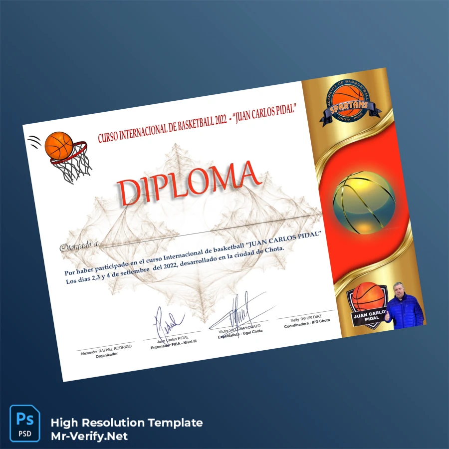 Peru Juan Carlos Pidal International Basketball Course Diploma – Fully Editable Print-Ready Peru Juan Carlos Pidal International Basketball Course Diploma – Fully Editable Print-Ready