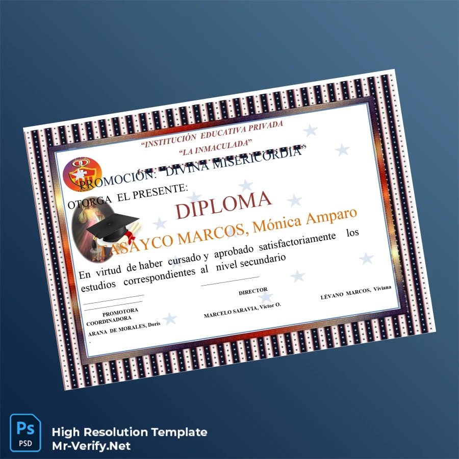 Peru La Inmaculada High School Diploma – Fully Editable High Resolution Template 5 Page Peru La Inmaculada High School Diploma – Fully Editable High Resolution Template 5 Page