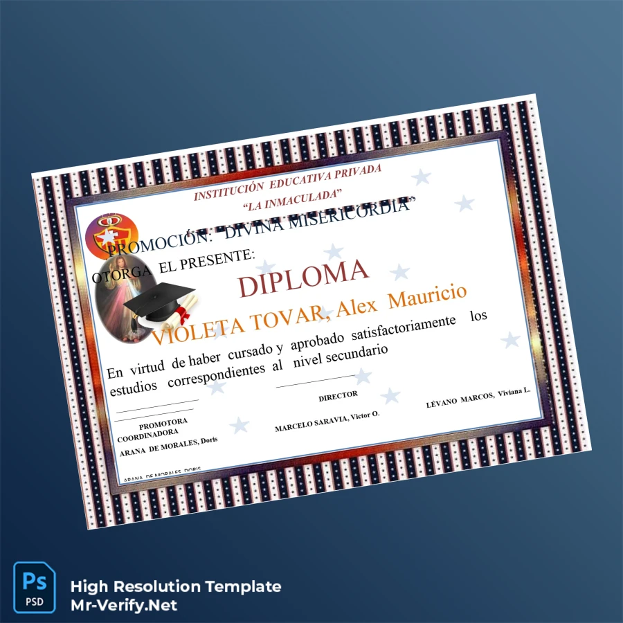 Peru La Inmaculada High School Diploma – Fully Editable High Resolution Template 5 Page Peru La Inmaculada High School Diploma – Fully Editable High Resolution Template 5 Page