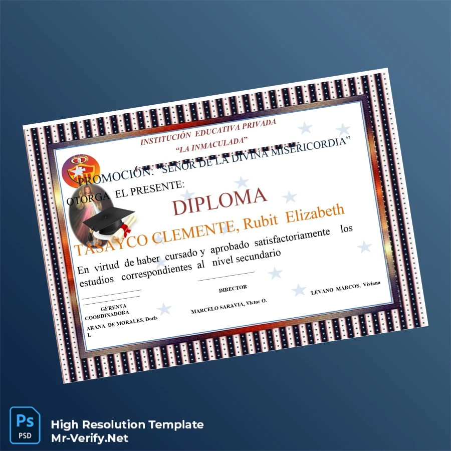 Peru La Inmaculada High School Diploma – Fully Editable High Resolution Template 5 Page Peru La Inmaculada High School Diploma – Fully Editable High Resolution Template 5 Page