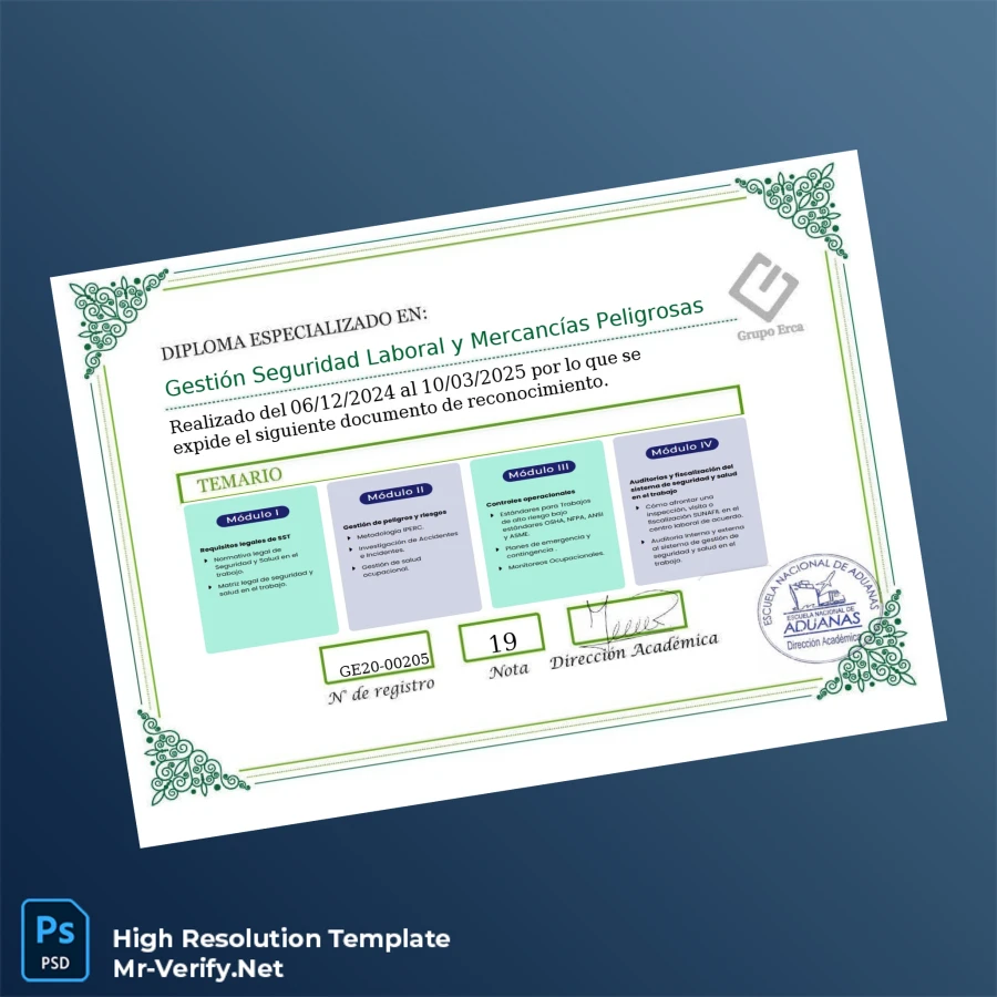Peru National Customs School Diploma in Labor Security Management and Hazardous Goods – Fully Editable High Resolution 2 Page Peru National Customs School Diploma in Labor Security Management and Hazardous Goods – Fully Editable High Resolution 2 Page