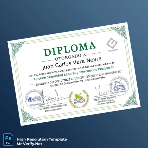 Peru National Customs and Foreign Trade School Specialized Diploma – Fully Editable High-Resolution Template 2 Page Peru National Customs and Foreign Trade School Specialized Diploma – Fully Editable High-Resolution Template 2 Page