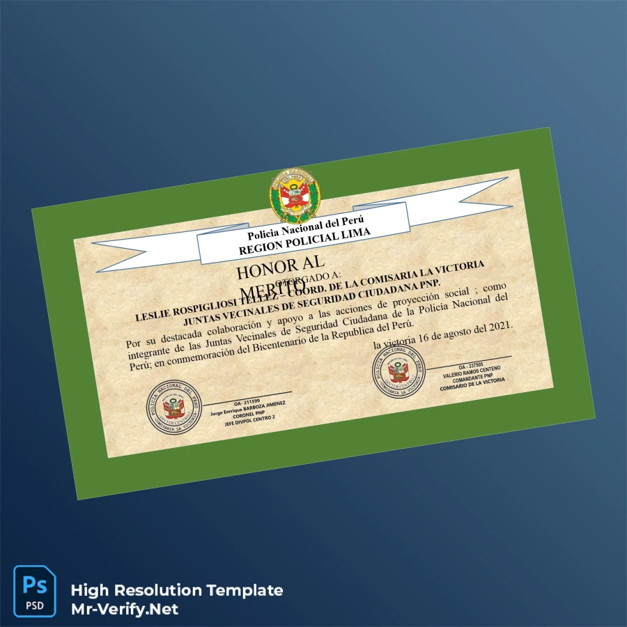Peru National Police Regional Police Lima Honor Diploma – Fully Editable High Resolution Peru National Police Regional Police Lima Honor Diploma – Fully Editable High Resolution