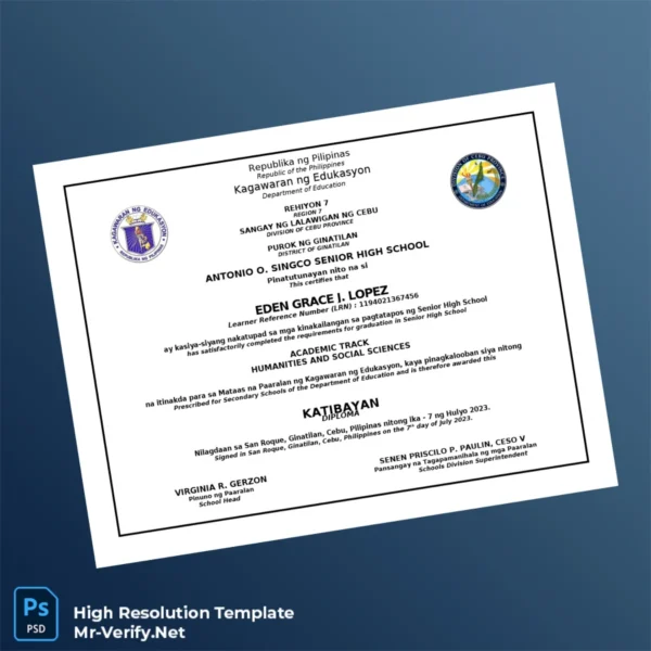 Philippines Antonio O. Singco Senior High School High School Diploma – Fully Editable High-Resolution Template Philippines Antonio O. Singco Senior High School High School Diploma – Fully Editable High-Resolution Template