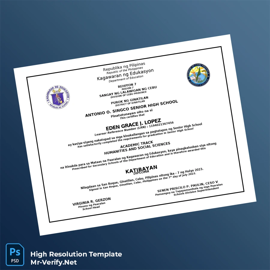 Philippines Antonio O. Singco Senior High School High School Diploma – Fully Editable High-Resolution Template Philippines Antonio O. Singco Senior High School High School Diploma – Fully Editable High-Resolution Template
