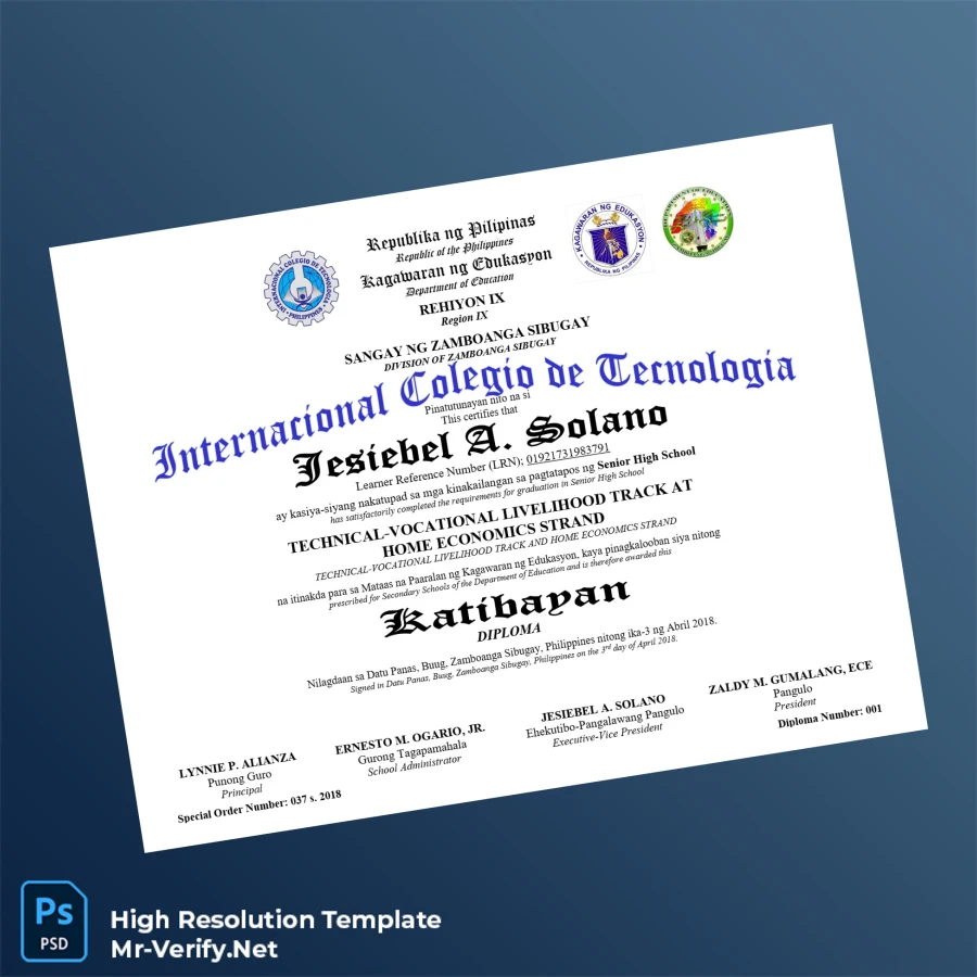 Philippines Internacional Colegio de Tecnologia Senior High School Diploma – Fully Editable & Print-Ready Philippines Internacional Colegio de Tecnologia Senior High School Diploma – Fully Editable & Print-Ready