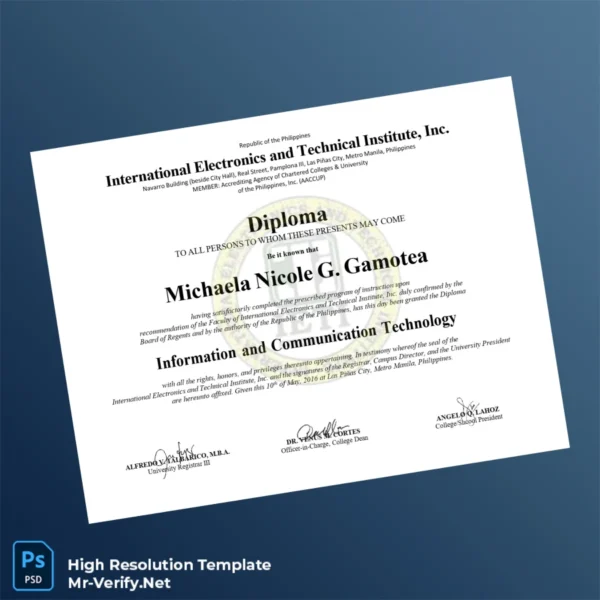 Philippines International Electronics and Technical Institute Inc Diploma in Information and Communication Technology – Fully Editable & Print-Ready Philippines International Electronics and Technical Institute Inc Diploma in Information and Communication Technology – Fully Editable & Print-Ready