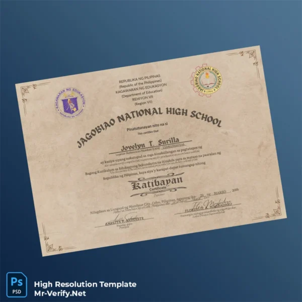 Philippines Jagobiao National High School High School Diploma Template – Fully Editable & High Resolution 5 Page Philippines Jagobiao National High School High School Diploma Template – Fully Editable & High Resolution 5 Page