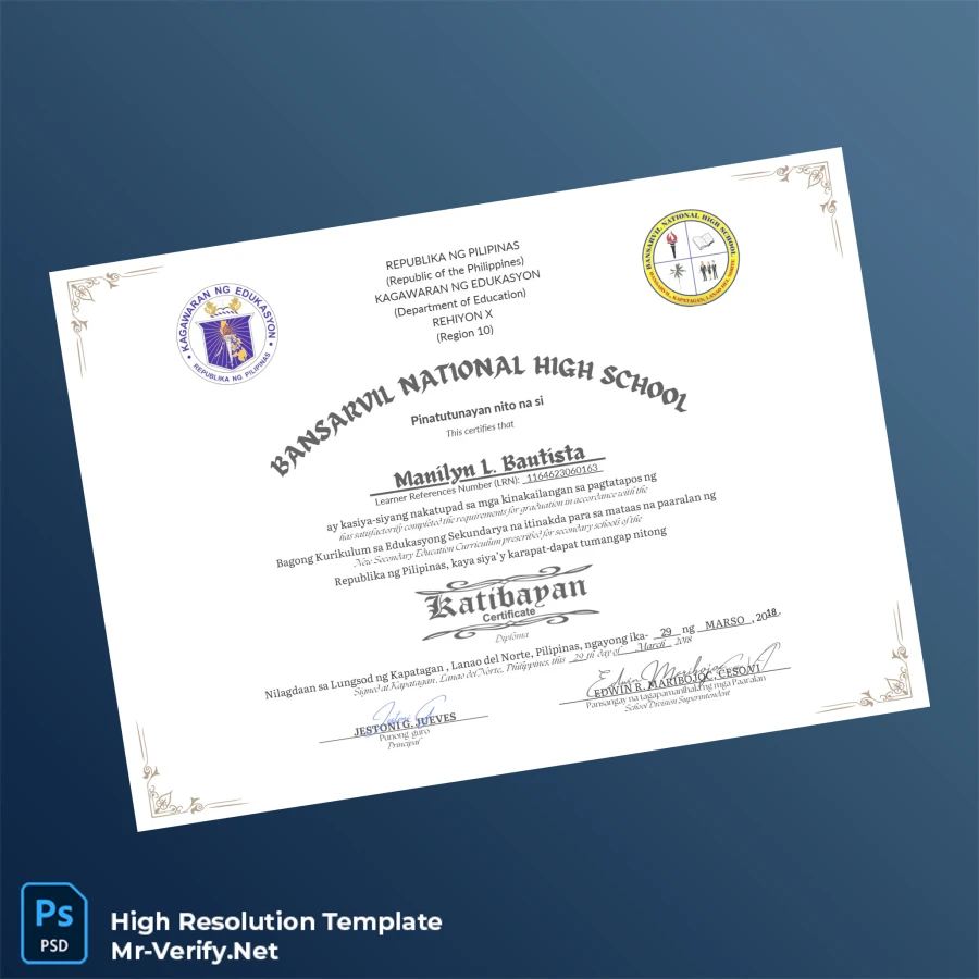 Philippines Jagobiao National High School High School Diploma Template – Fully Editable & High Resolution 5 Page Philippines Jagobiao National High School High School Diploma Template – Fully Editable & High Resolution 5 Page