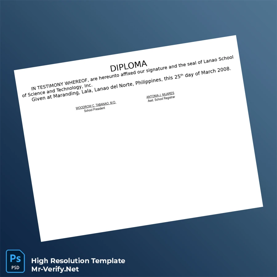 Philippines Lanao School of Science and Technology Inc Two-Year Information Technology Diploma – Fully Editable & High Resolution 3 Page Philippines Lanao School of Science and Technology Inc Two-Year Information Technology Diploma – Fully Editable & High Resolution 3 Page