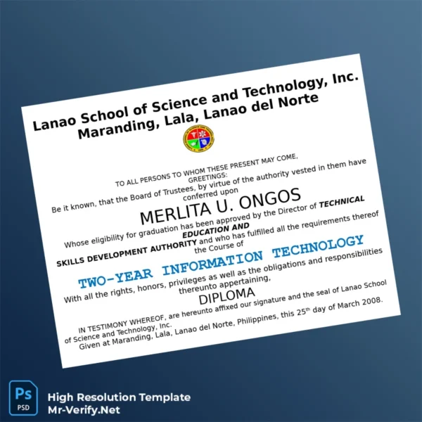 Philippines Lanao School of Science and Technology Inc. Two-Year Diploma in IT & Health Care – Fully Editable 3 Page Philippines Lanao School of Science and Technology Inc. Two-Year Diploma in IT & Health Care – Fully Editable 3 Page