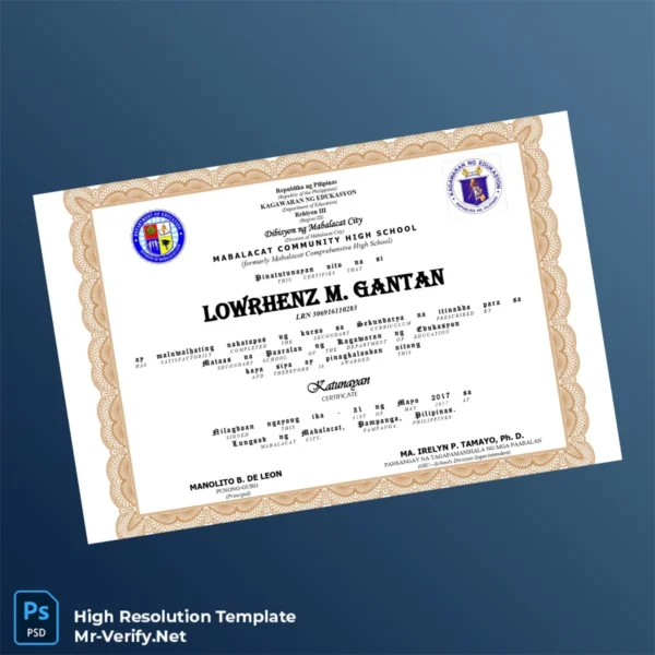 Philippines Mabalacat Community High School High School Diploma Certificate – Fully Editable & Print-Ready Philippines Mabalacat Community High School High School Diploma Certificate – Fully Editable & Print-Ready