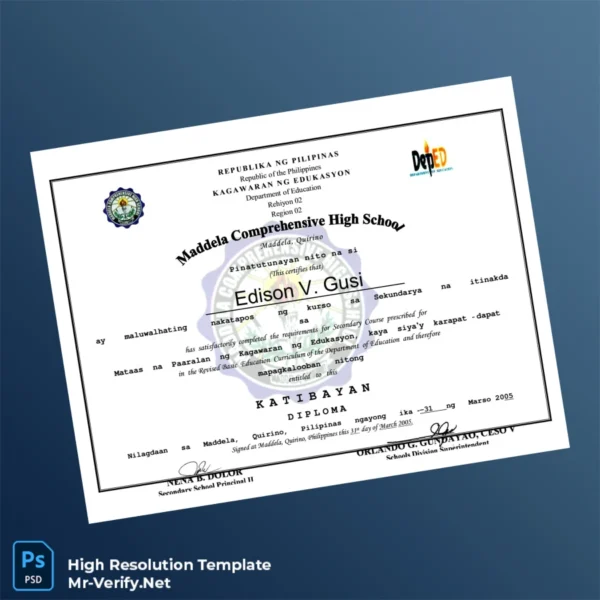 Philippines Maddela Comprehensive High School Secondary Diploma – Fully Editable & High Resolution 2 Page Philippines Maddela Comprehensive High School Secondary Diploma – Fully Editable & High Resolution 2 Page