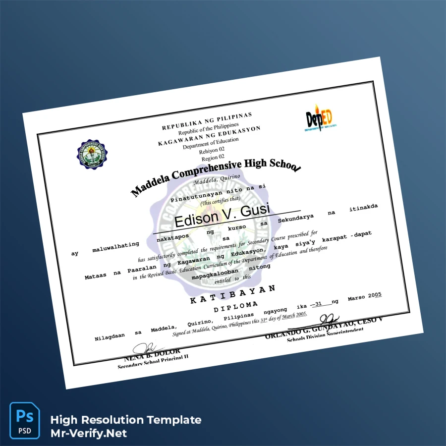 Philippines Maddela Comprehensive High School Secondary Diploma – Fully Editable & High Resolution 2 Page Philippines Maddela Comprehensive High School Secondary Diploma – Fully Editable & High Resolution 2 Page